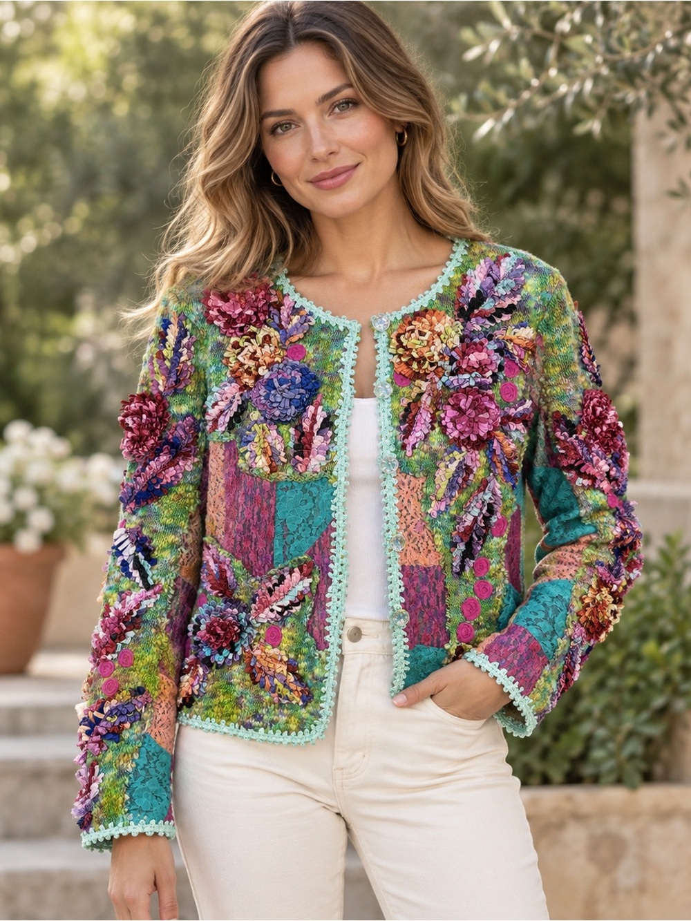 Vintage Sandy Starkman Jacket Size M Multicolor Art-to-Wear 3D Floral Patchwork